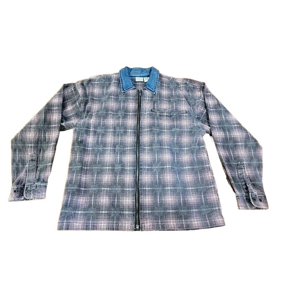 VINTAGE 90s Greatland Plaid Flannel Shirt Size XL Denim Collar Long Sleeve ZipUp